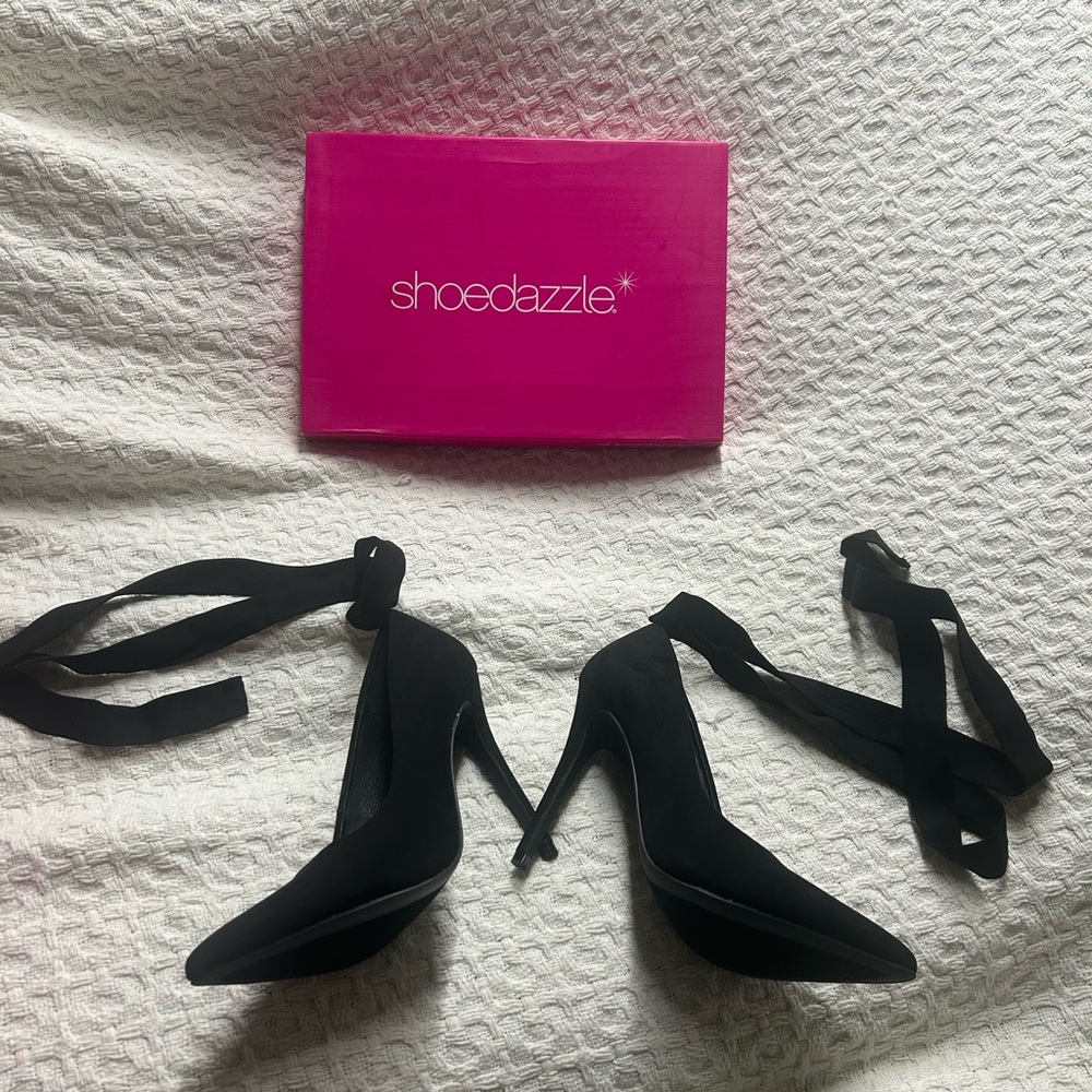 Brand New Black Faux Suede Pumps w/ Ankle Tie Detail